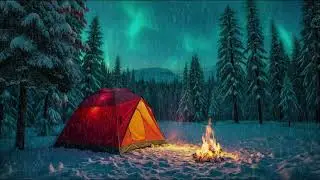 Winter Camping Ambience❄️Snowfall Sound, Warm Fireplace & Magical Northern Light for Deep Relaxation