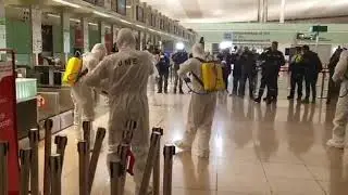 Coronavirus Spain: Military Emergency Unit UME disinfecting inside the El Prat airport in Barcelona
