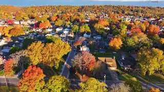 #Aerial video of River Road in Beaver, Pennsylvania during autumn golden hour