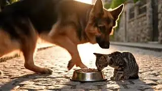 German shepherd dog help a poor hungry cat#germanshepherd #dogs #sillycat #cat 