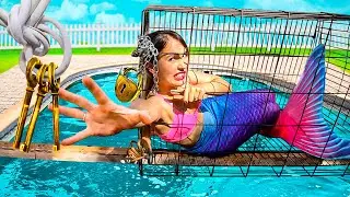 The mermaid is trapped in a cage on a toxic pool