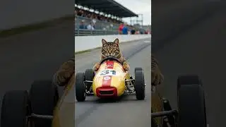 A cat racing in the Indy 500 in a go-kart shaped like a sardine can