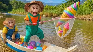 Little monkey Bim Bim and his brother rowed a boat and collected a lot of unicorn eggs
