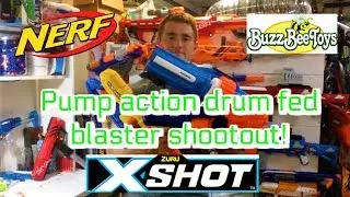 Nerf vs Buzz Bee vs X Shot pump action drum fed blaster shootout