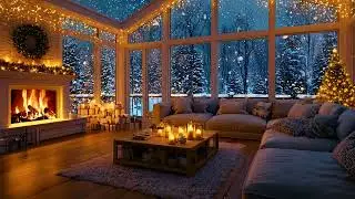 Warm Winter Cabin Atmosphere with Falling Snow and Soft Fire Sounds for Deep Sleep, Stress Relief