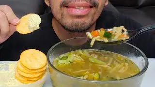 CHICKEN NOODLE VEGETABLE SOUP CRUNCHY CHEESE CRACKERS AND DIP ASMR MUKBANG EATING SHOW