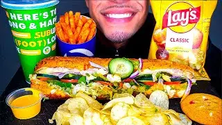 ASMR EATING SUBWAY MUKBANG FOOTLONG TUNA SANDWICH CHURRO CHIPS WHITE MACADAMIA NUT COOKIE CHALLENGE