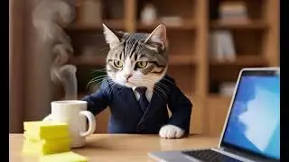 A cinematic, funny short video of a cat acting like a human office worker   The cat wears a small su