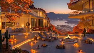 Cozy Luxury Halloween Riverside Caf&eacute; 🎃 Deep & Calm Autumn Jazz with Glow Fireplace for Focus & Relax