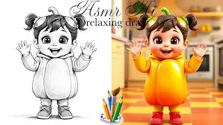 “ASMR AI | Little girl eating a bell pepper | B&W drawing”