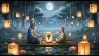 Moonlit Zen Meditation with Lanterns and Lotus Flowers