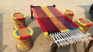 Sheesham Multicolor Charpai With Bamboo Mudda Stool For Home , Garden , Dhaba Use