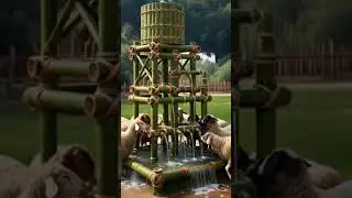 Thirsty flock gathers around the bamboo oasis, quenching their thirst in a serene rural scene.