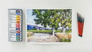 How to draw a village farm landscape watercolor painting / landscape watercolor painting demo art