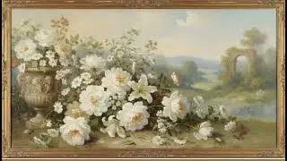Vintage White Flower Painting | Gold Frame TV Art | Art Screensaver for TV | 1scene-2 Hrs