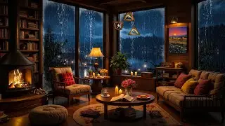 🎶 Relaxing Jazz Rain 🌧️🔥 Warm Cabin Living Room with Fireplace, Books & Calm Lake View