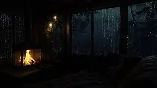 Peaceful Rain on Window with Warm Fireplace in Forest Night | Cozy Cabin Ambience for Sleeping