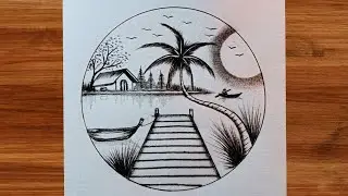 How to draw beautiful river view perspective wooden bridge with a palm tree