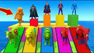 Long Slide Game With Cow Elephant vs Spider-Man T-Rex vs Batman - 3d Animal Game Funny 3d Animals
