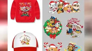 Cute PAW Patrol Christmas Iron on Patches Cute Cartoon Clothes Hat Bag Print Xmas Heat Transfer Stic
