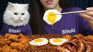Red King Prawn Shrimp 🐙 Fried Octopus 🍗 Crispy Fried Chicken | Korean Mukbang ASMR with Cat 🐱