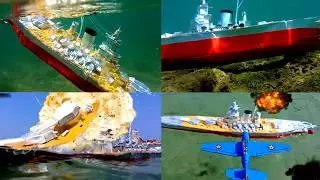 Battleship Yamato sinking, cardboard model of ship sinking after battle with planes, shipwreck