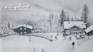 WINTER LANDSCAPE DRAWING WITH PENCIL / BEAUTIFUL SCENERY DRAWING / SNOWFALL DRAWING / HOW TO DRAW 