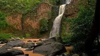 Lush waterfall cascading over rocks in a forest setting | chattano ke upar se bahta hara bhara jharn