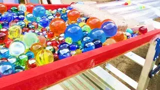 Marble run ASMR ☆ 3 consecutive long transparent pipe water sliders & big wooden color balls