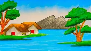 How to Draw a Simple Peaceful Village Scenery by the River | Easy Landscape Drawing Step by Step
