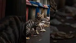 Starving Cat Looking for Food in Garbage