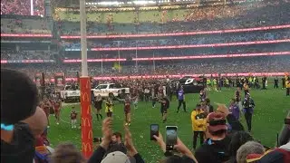 Happy 🏉 Brisbane Lions🦁 fans enjoying their second flag in as many years. Brisbane won by 47 points.