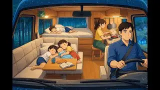 Family Road Trip Overnight in the Rain ⛈ Cozy Camper Life | Studio Ghibli Style Animation