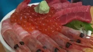 Street food Japan, Seafood , Donburi, Sashimi, Surimi (fish Cake) in Hokkaido