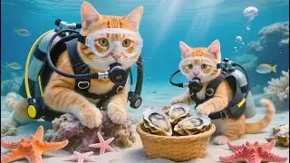 Mama Cat and Kitten’s Fresh Oyster Feast, A Peaceful Day by the Sea🐱🐟🌤️