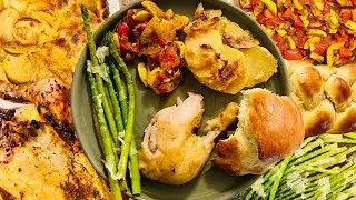 Lemon Herb Roasted Chicken, Scalloped Potatoes, Ratatouille, Asparagus, and Challah Bread