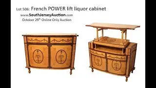 Fantastic French POWER lift top bar liquor cabinet, Online Only Auction October 29th starts at 12pm