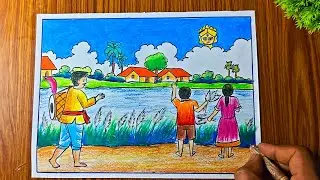 Easy Durga Puja Scenery Drawing |durga puja competition drawing 🪔 ✨