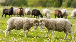 A moment of cute little sheep playing in a field of flowers - Sheep sounds - Sheep and goat videos