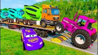 TRANSPORTING PIXAR CARS & FRUITS WITH COLORED & JOHN DEERE vs CLAAS vs TRACTORS - BeamNG.drive #983