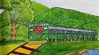 How draw  the train  beautiful  watercolour scenery painting   drish   drawing.