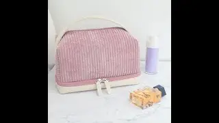 Pink striped velvet with leather handle, large capacity and easy to carry #velvet #bag #makeup