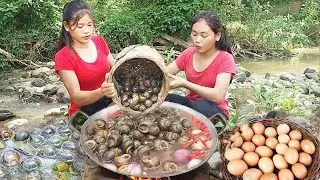 Cooking River Snails with Eggs for jungle survival food - Yummy for lunch