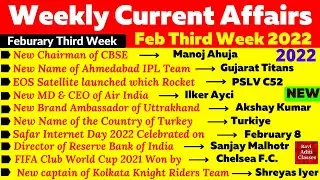 Weekly Current Affairs 2022 Feb | Third Week | Current Affairs 2022 February in English