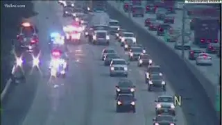 Double tractor trailer goes off road into trees on 285 SB