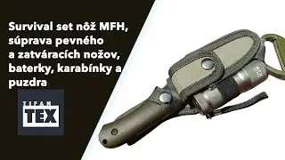 Survival set nôž MFH, súprava pevného a zatváracích nožov, baterky, karabínky a puzdra