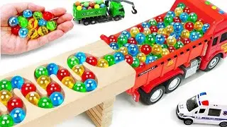 Marble Run Race ☆ HABA Slope &Retro Makita Truck, Excavator, Garbage Truck, Dump Truck,Ambulances