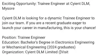 Exciting Opportunity for 2024 Graduates: Trainee Engineer at Cyient DLM, Mysore