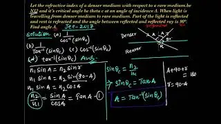 Find angle a if refracted and reflected ray makes 90 degree. // jee PYQ 2017// physics ray optics