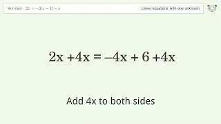 Linear equation with one unknown: Solve 2x=-3(x-2)-x step-by-step solution